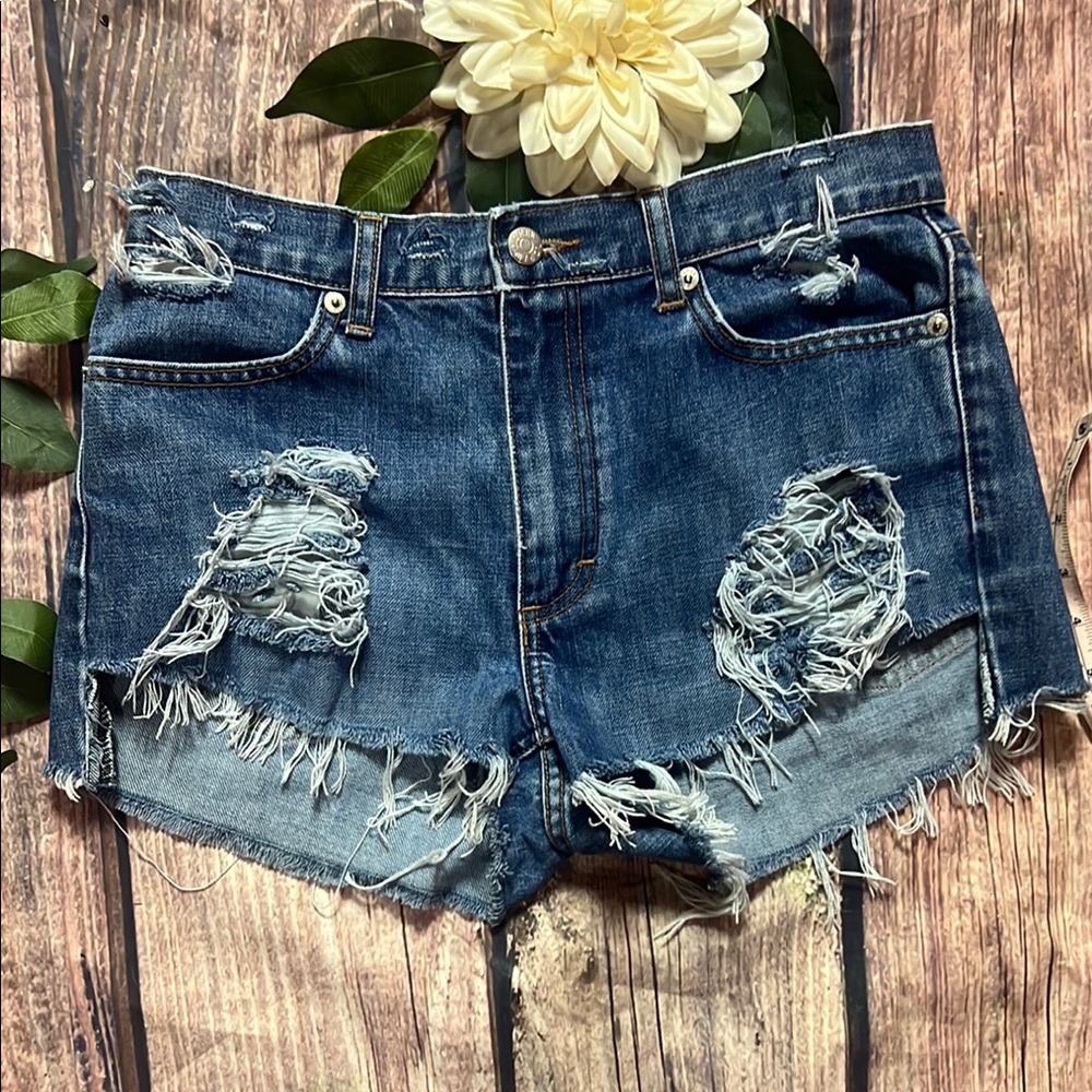 J. Crew Dark Blue Jean Shorts Basic Distressed Cut-Offs